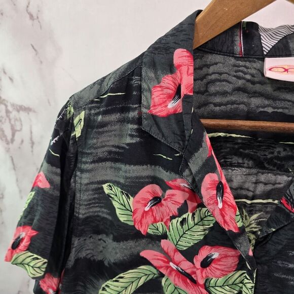 Vintage OP Shirt Mens Medium Black Green Button Up Short Hawaiian Leaf Tropical - Picture 2 of 10
